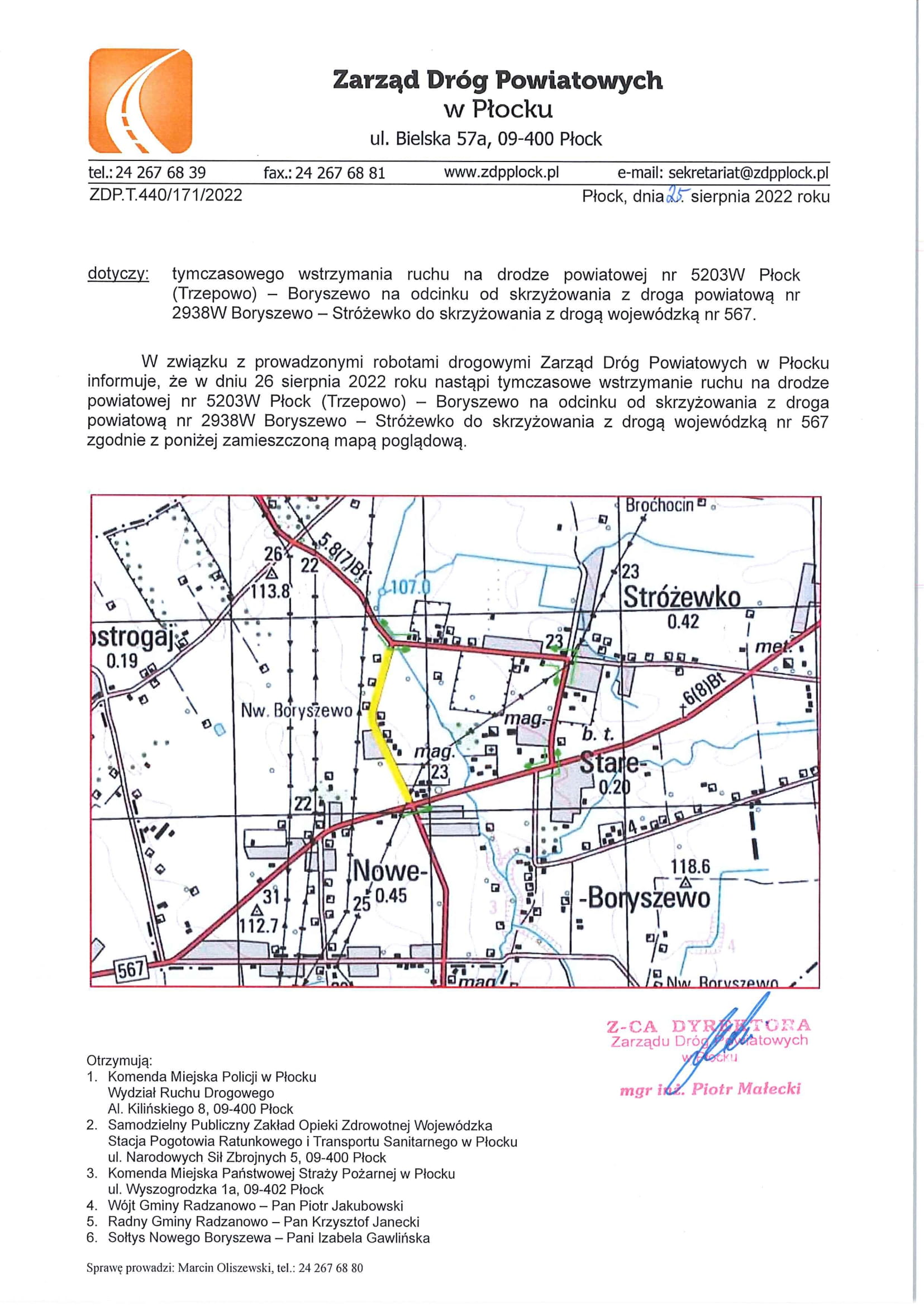 szczegóły dot. tymczasowego wstrzymania ruchu na drodze powiatowej 5203W